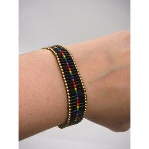 Loom Beaded Bracelet Black, Rainbow & Gold